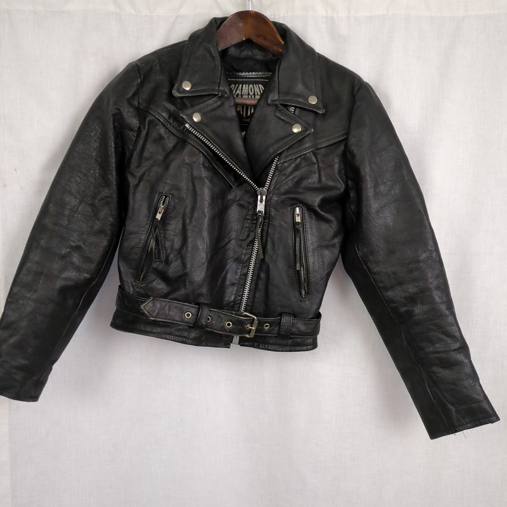 Ladies' Vintage Black Leather Motorcycle Jacket Size 8